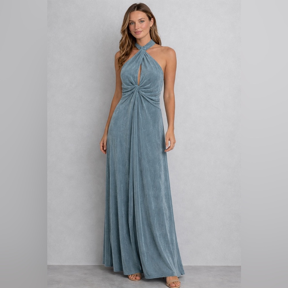 Luxxel Dusty Blue Halter Twist Prom Dress